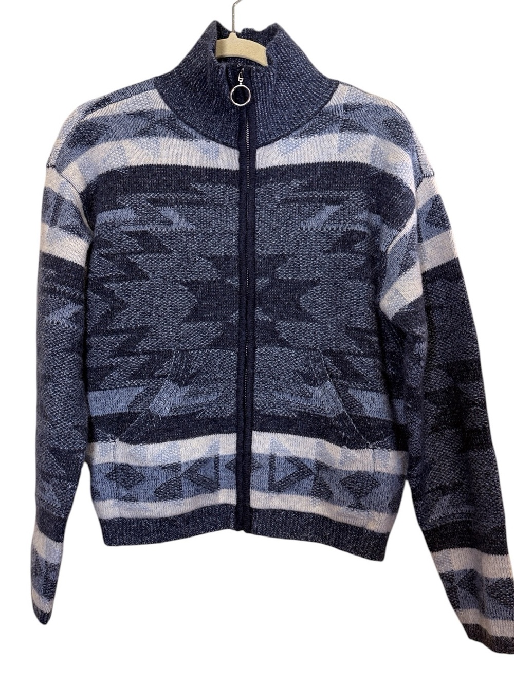 Lucky Brand Women’s Full Front Zip Blue Southwest Turtleneck Sweater sz M